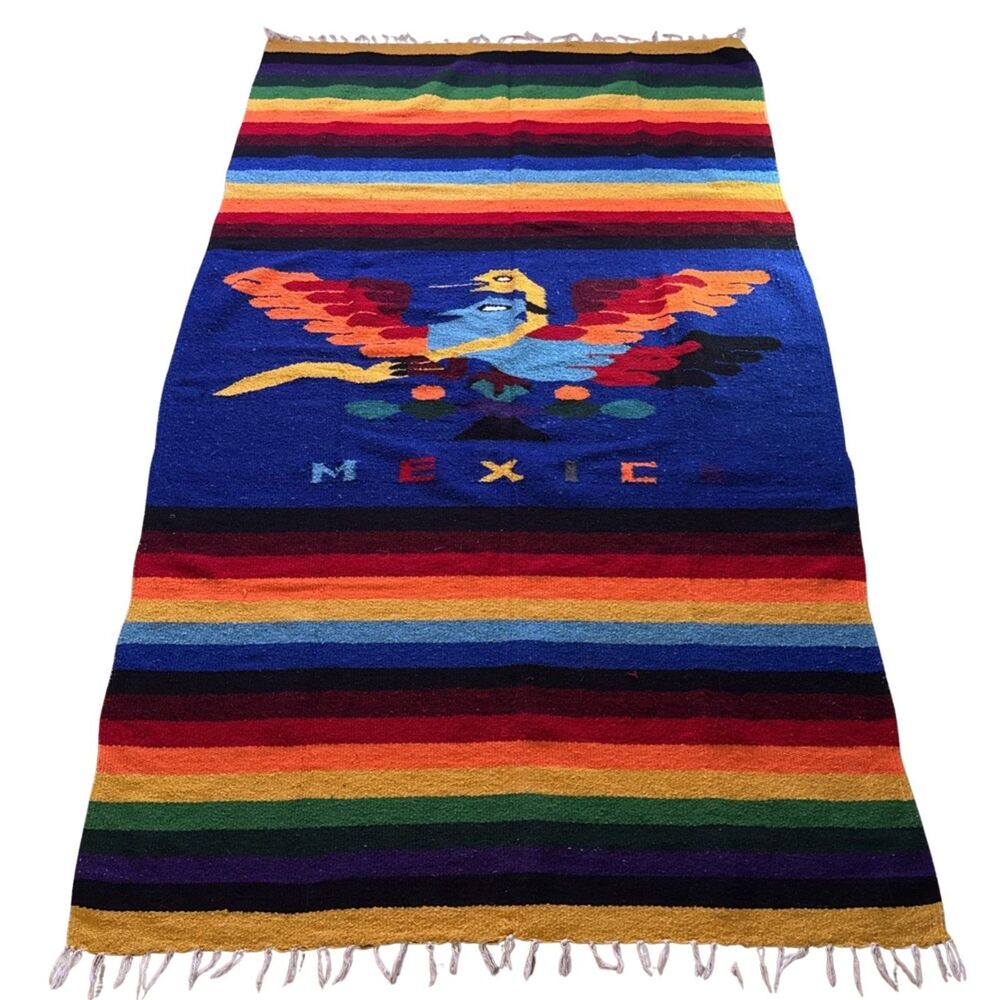 VTG Mexico Thunderbird Saltillo Serape Blanket 83x48" Colorful Striped Fringed